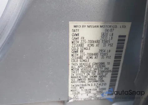 2007 Nissan Quest 3.5 Se from USA, damaged, VIN 5N1BV28U67N137420